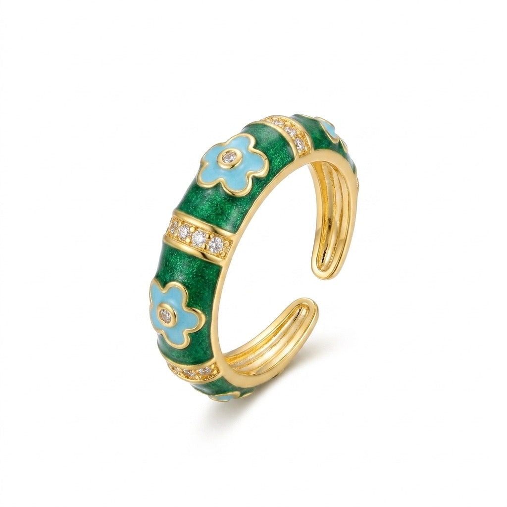  Bague ajustable en acier inoxydable doré avec émail vert, fleurs bleues et cristaux brillants, bijou élégant résistant à l’eau.