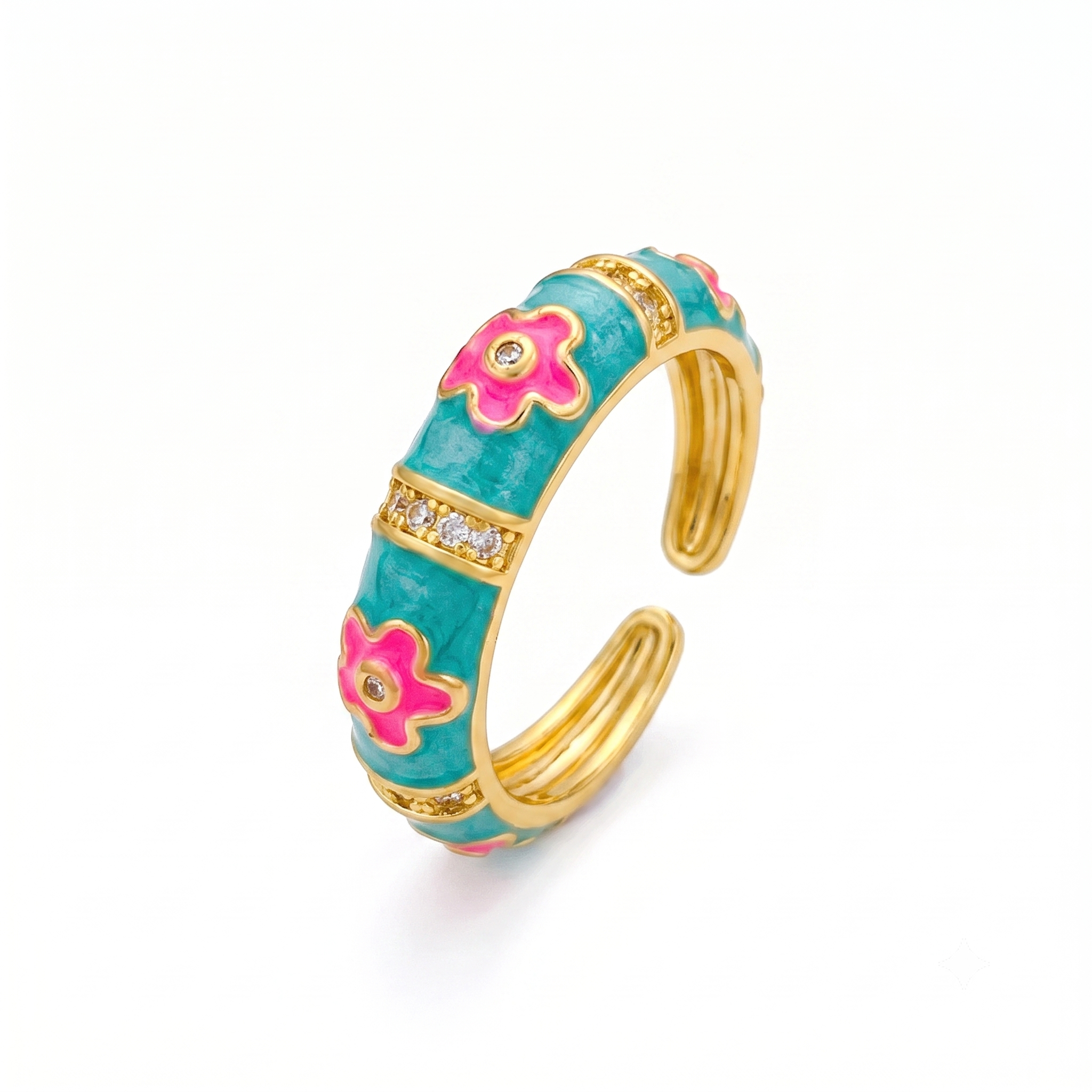 Bague ajustable en acier inoxydable doré avec émail turquoise, fleurs roses et cristaux, bijou élégant résistant à l’eau.