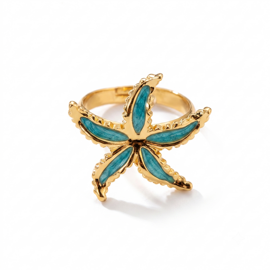 Bague ajustable en acier inoxydable doré avec étoile de mer émaillée turquoise, bijou inspiré de l’univers marin, élégant et résistant à l’eau.