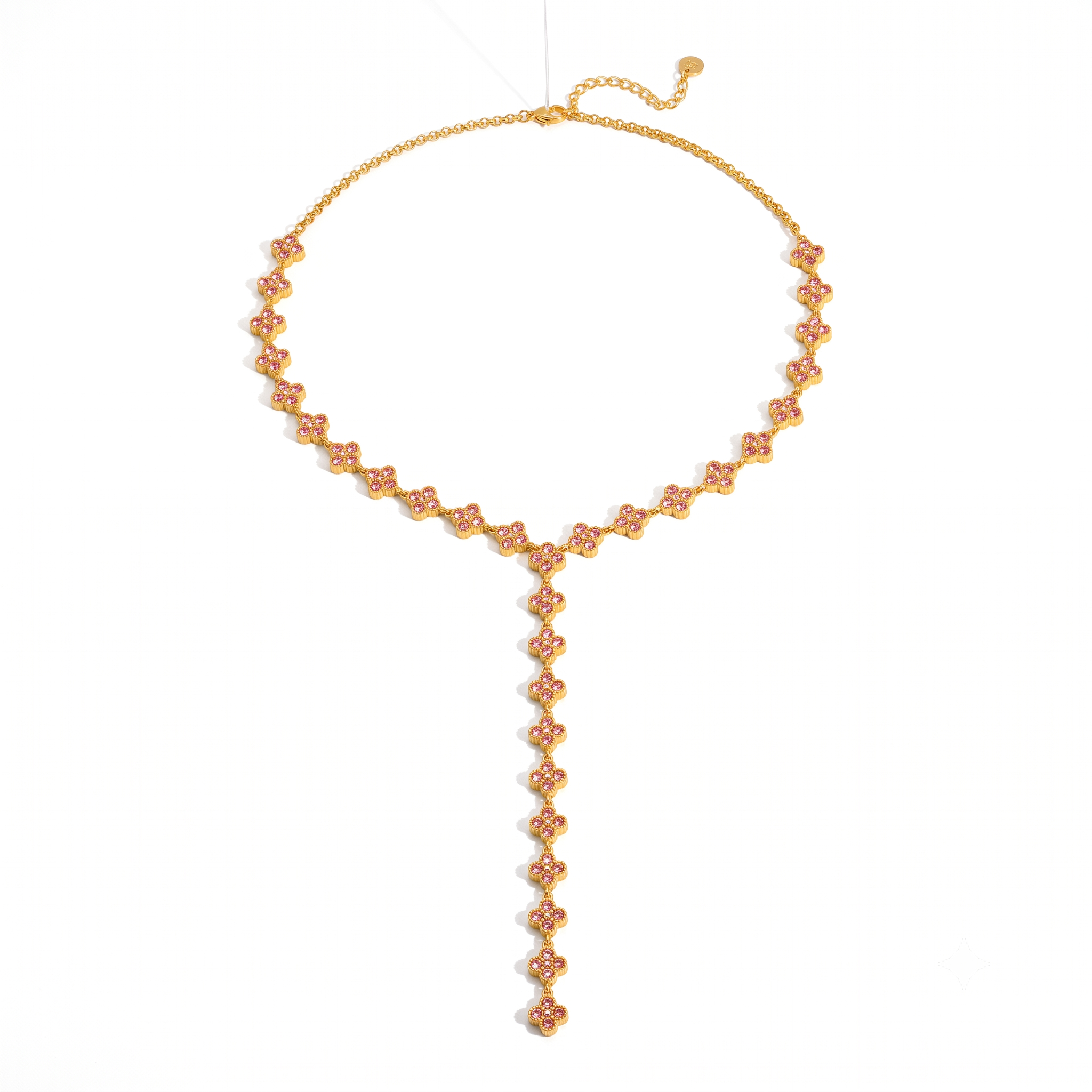 Collier Amalfi Quartz en acier inoxydable doré avec motif trèfle rose.