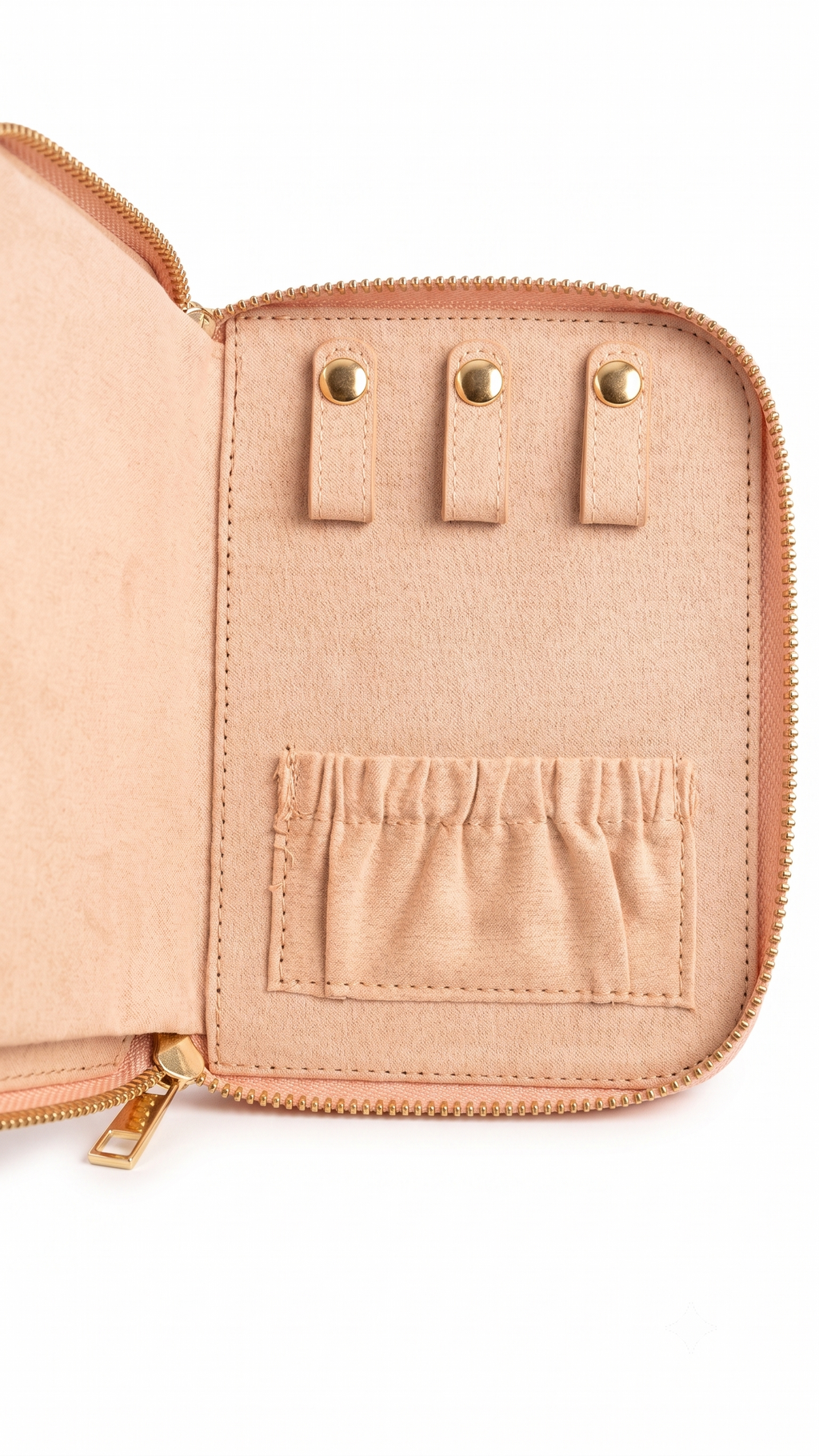 Pochette de rangement à bijoux de voyage en cuir Saffiano matelassé couleur or rose, avec compartiments pour collier, boucles d'oreilles et bagues

