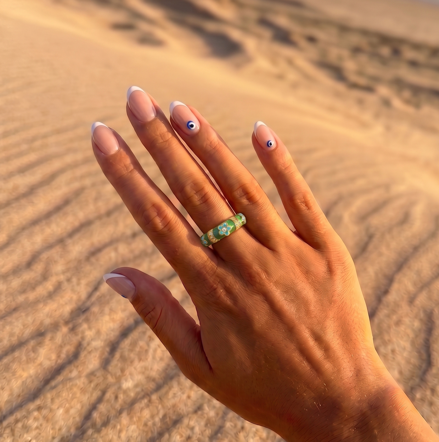 bague verte emailee strass fleur acier inoxydable