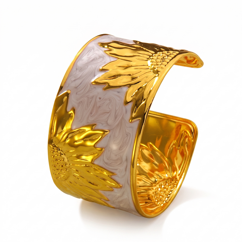 Bracelet Eden Blanc en acier inoxydable blanc et doré avec motifs tournesols, bijou élégant pour femme résistant à l'eau.