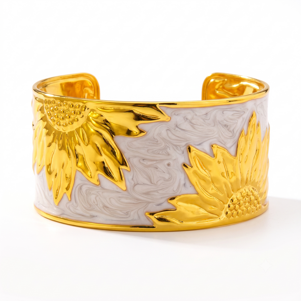 Bracelet Eden Blanc en acier inoxydable blanc et doré avec motifs tournesols, bijou élégant pour femme résistant à l'eau.