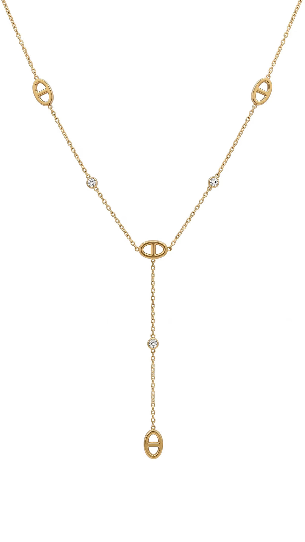 Collier lariat en Y maille marine dorée avec cristaux sertis, en acier inoxydable, porté sur décolleté