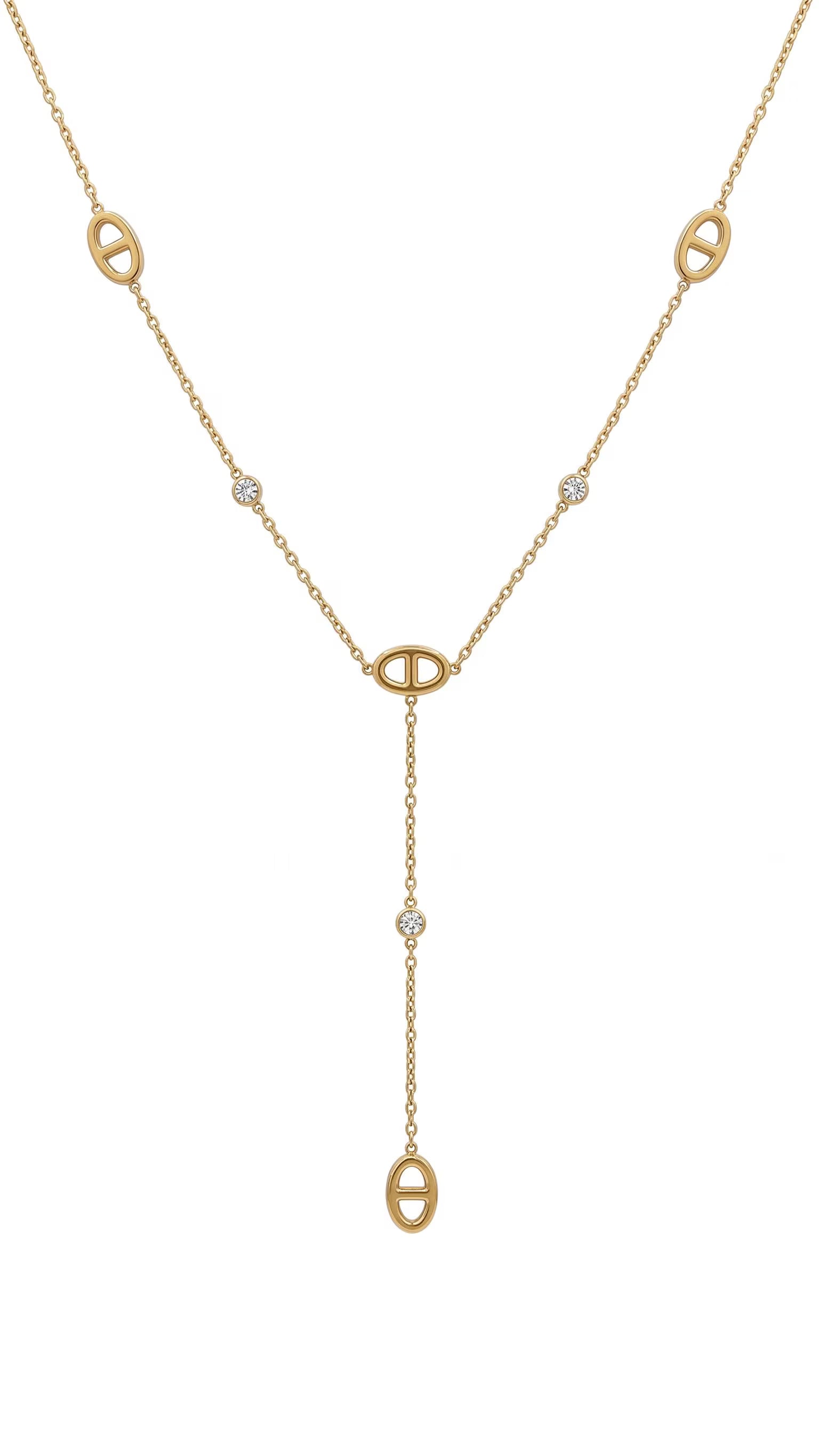 Collier lariat en Y maille marine dorée avec cristaux sertis, en acier inoxydable, porté sur décolleté