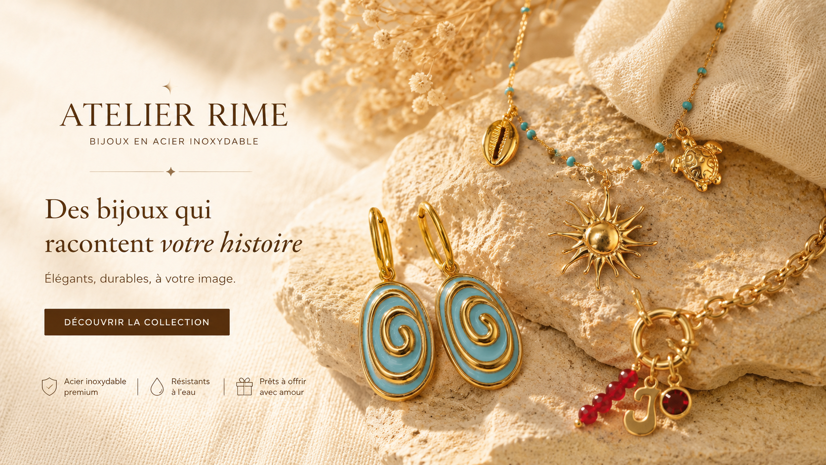 page d'accueil atelier rime bijoux acier inoxydable charms personnalisable boucles d'oreilles personnalisable collier personnalisable bracelet personnalisable soleil été vacances  rentrée maille marine 